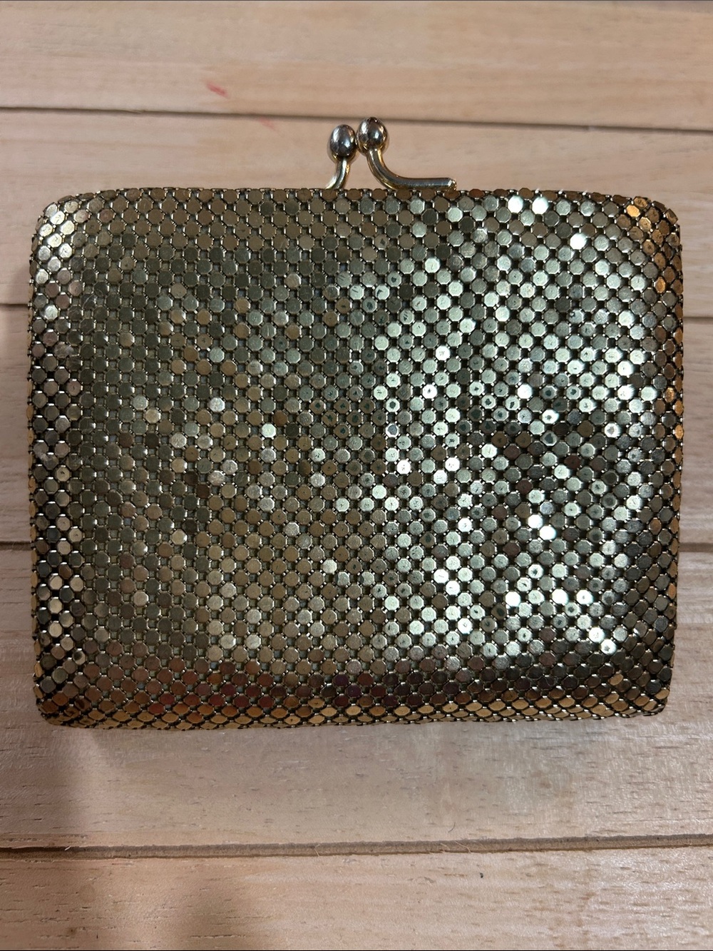 Gold tone mesh wallet. Whiting & Davis.